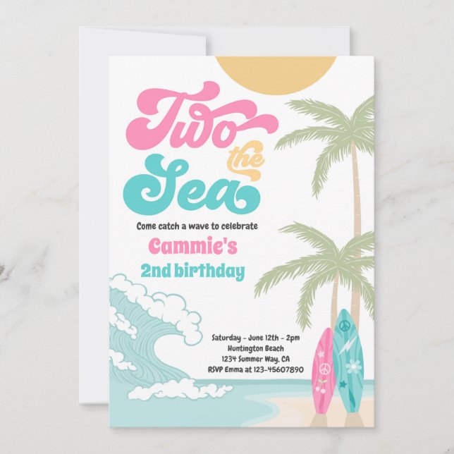 Invitación Dos Aniversario De La Playa De Surf Sea Retro (Anverso)