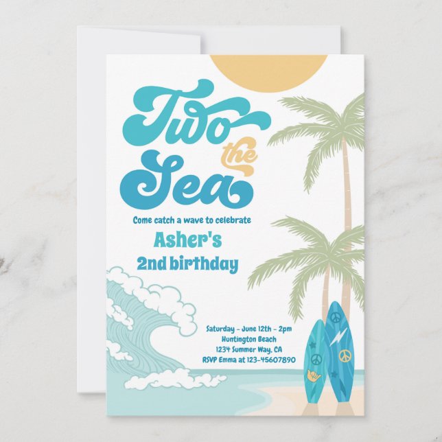 Invitación Dos Aniversario De La Playa De Surf Sea Retro (Anverso)