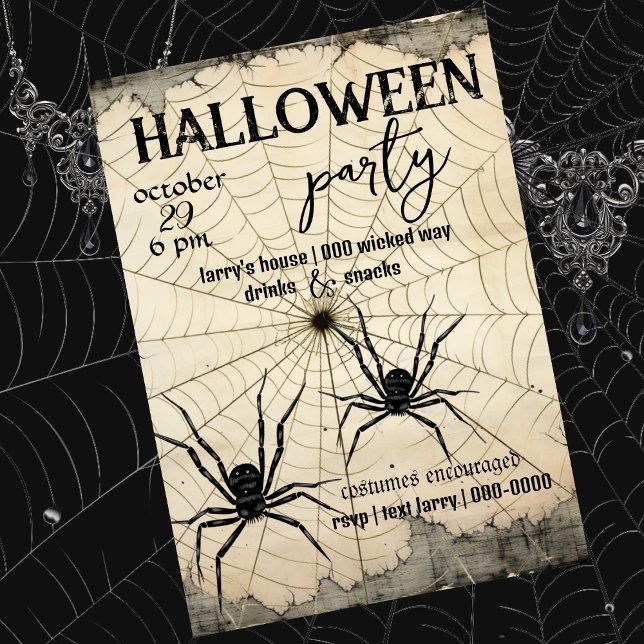 Invitación Dos arañas negras en la web araña | Anticuado (Black spiders, spider web, customizable Halloween Party invitation. )