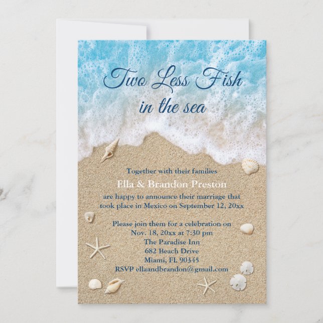 Invitación Dos azules menos peces en el Boda de Sea Post (Anverso)