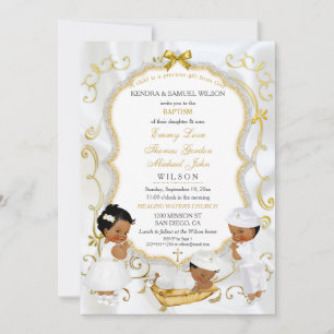 Invitación Dos bebés niños y niña Bautizo Cristián Oro