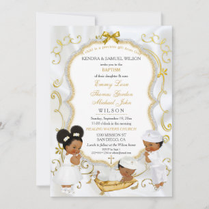 Invitación Dos bebés niños y niña Bautizo Cristián Oro