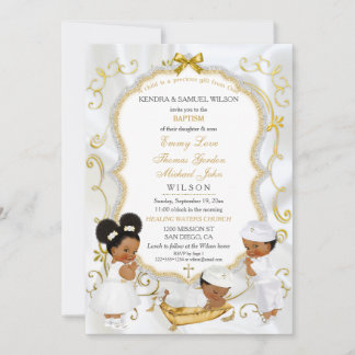 Invitación Dos bebés niños y niña Bautizo Cristián Oro
