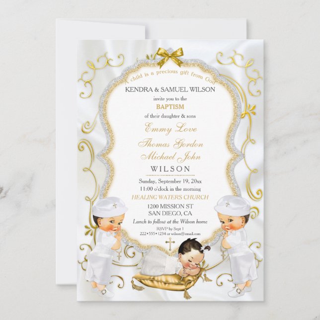 Invitación Dos Bebés Y El Bautismo Chica Christening Gold Inv (Anverso)