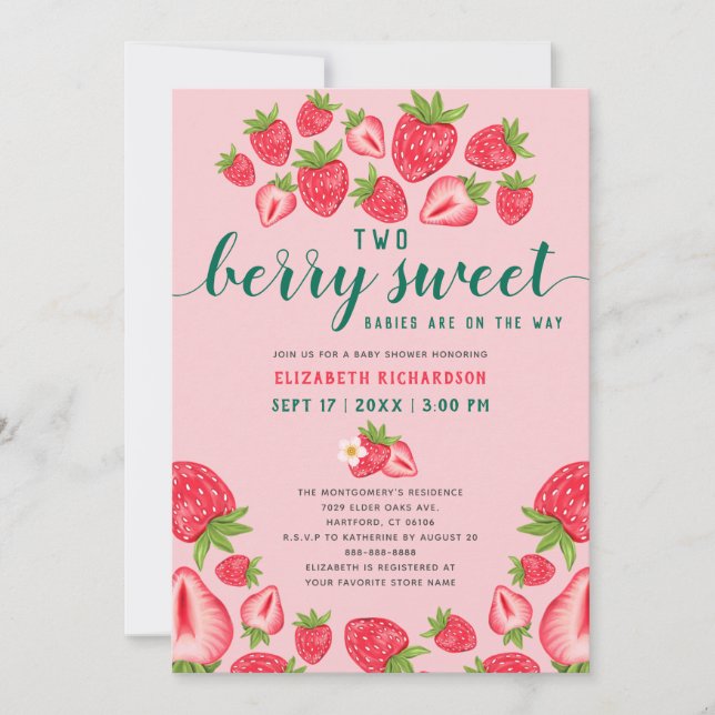 Invitación Dos Berry Sweet Babies Baby Shower Twin Strawberry (Anverso)