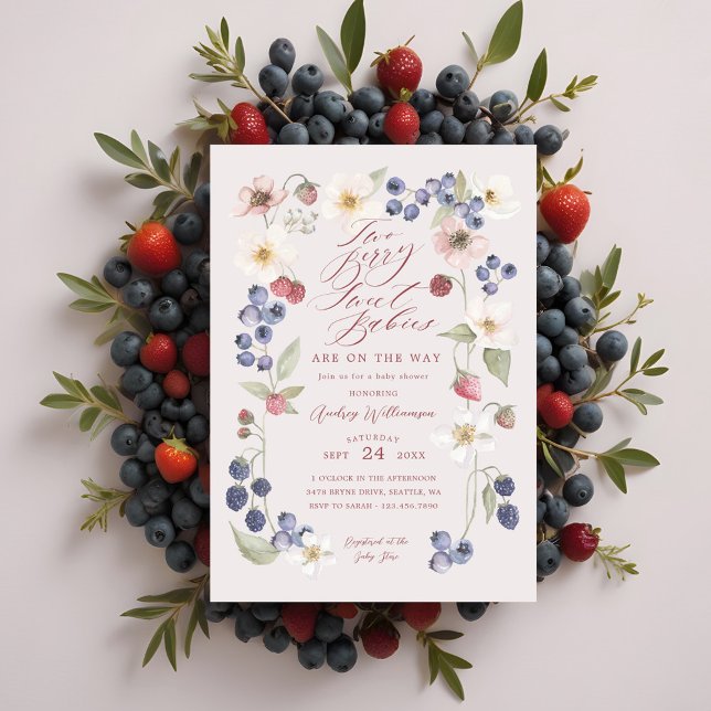 Invitación Dos Berry Sweet Babies Berries & Flowers Ducha (Two Berry Sweet Babies Berries & Flowers Shower Invitation)