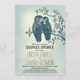 Invitación dos búhos enamorados y duchas de ramas de árboles