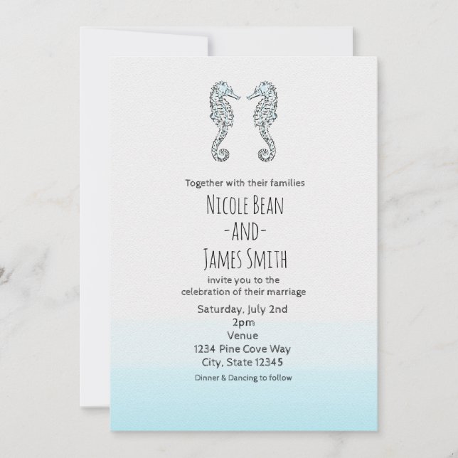Invitación Dos caballitos de mar Elegante Boda de Playa (Anverso)
