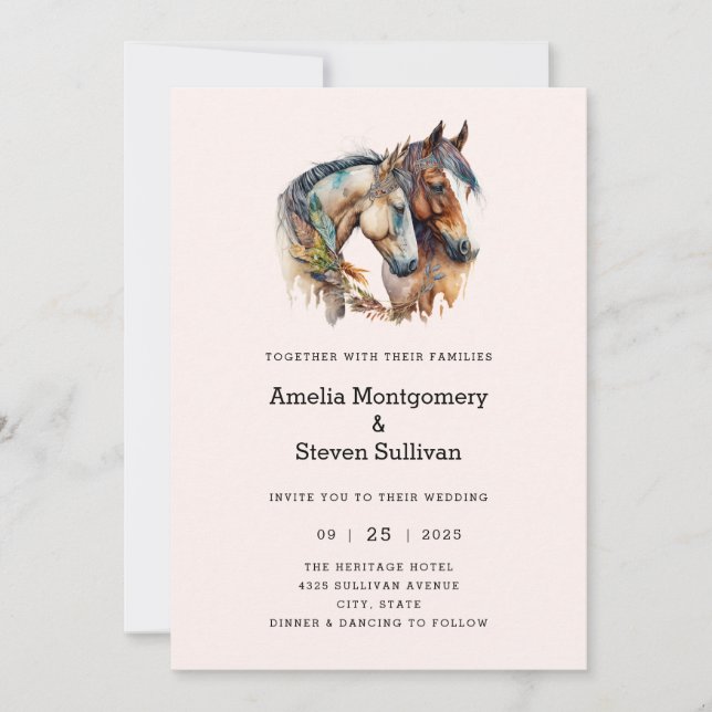 Invitación Dos caballos con adornos de plumas Boda Boho (Anverso)