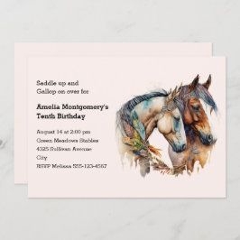 Invitación Dos caballos con decoración de plumas Boho Cumplea