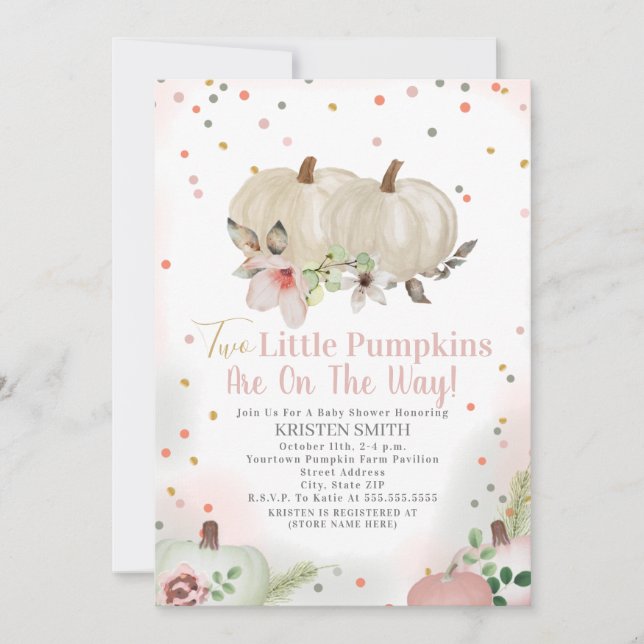 Invitación Dos calabazas pequeñas Chica floral rosa Baby Show (Anverso)