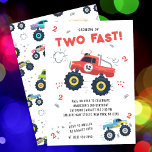 Invitación Dos camiones monstruales de coches de niños de seg<br><div class="desc">Dos camiones de coches de bebé monstruo de cumpleaños Fast 2nd Invitation incluye camiones de coches monstruo adorables y coloridos con el texto "Dos rápido" en el guión moderno de tipografía roja acentuado con el número 2 y garabatos. Perfecto para las celebraciones de la fiesta de segundo cumpleaños de los...</div>