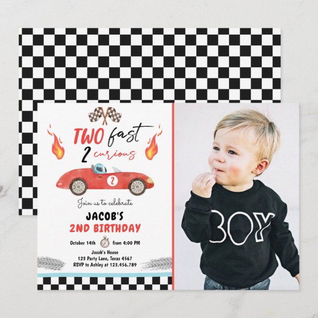 Invitación Dos Carros de Carrera de Fiesta de Cumpleaños Rápi (Anverso / Reverso)