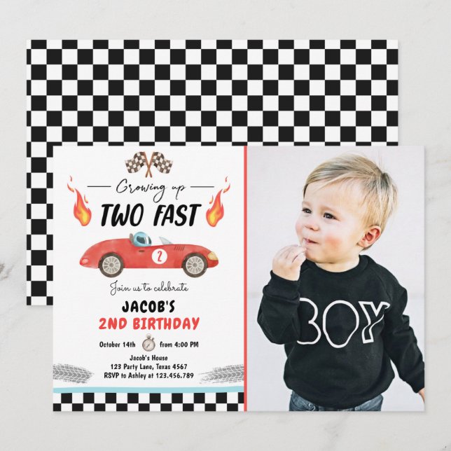 Invitación Dos Carros de Carrera de Fiesta de Cumpleaños Rápi (Anverso / Reverso)