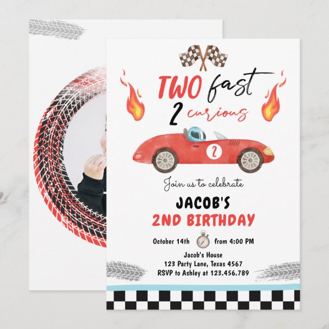 Invitación Dos Carros de Carrera Roja de la Fiesta de Cumplea (Anverso / Reverso)