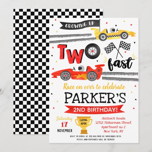 Invitación Dos Carros de Carrera Roja de la Fiesta de Cumplea (Anverso / Reverso)
