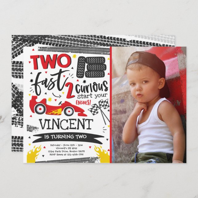 Invitación Dos Carros de Carrera Roja de la Fiesta de Cumplea (Anverso / Reverso)