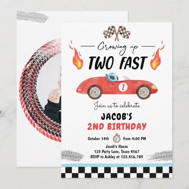 Invitación Dos Carros de Carrera Roja de la Fiesta de Cumplea (Anverso / Reverso)