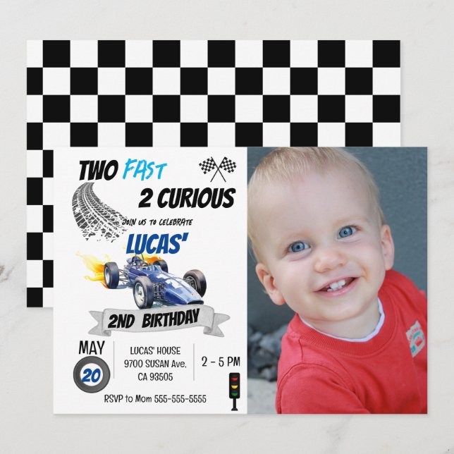 Invitación Dos carros rápidos 2 curiosos de foto Race Car seg (Anverso / Reverso)