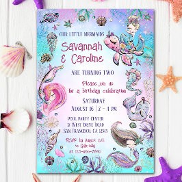 Invitación Dos Chicas de sirena gemela Fiesta de cumpleaños b
