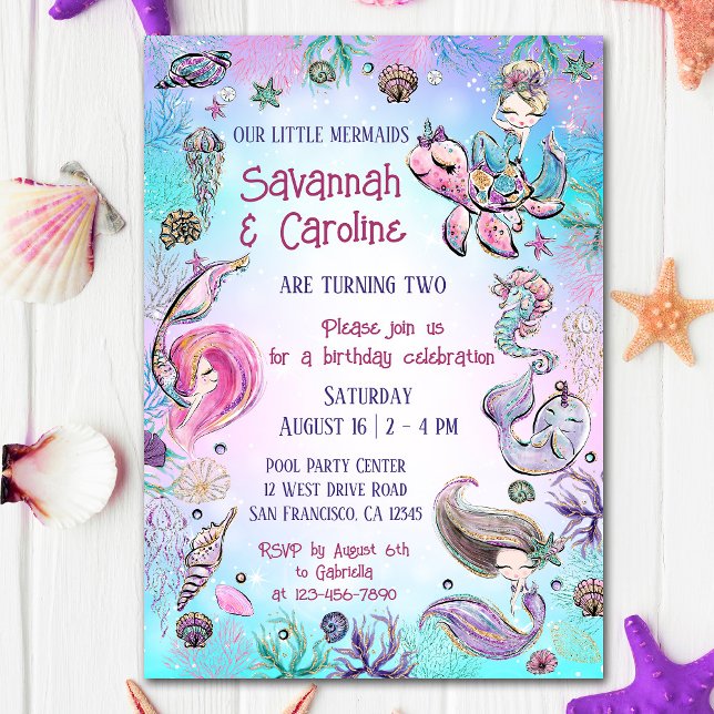 Invitación Dos Chicas de sirena gemela Fiesta de cumpleaños b (Subido por el creador)