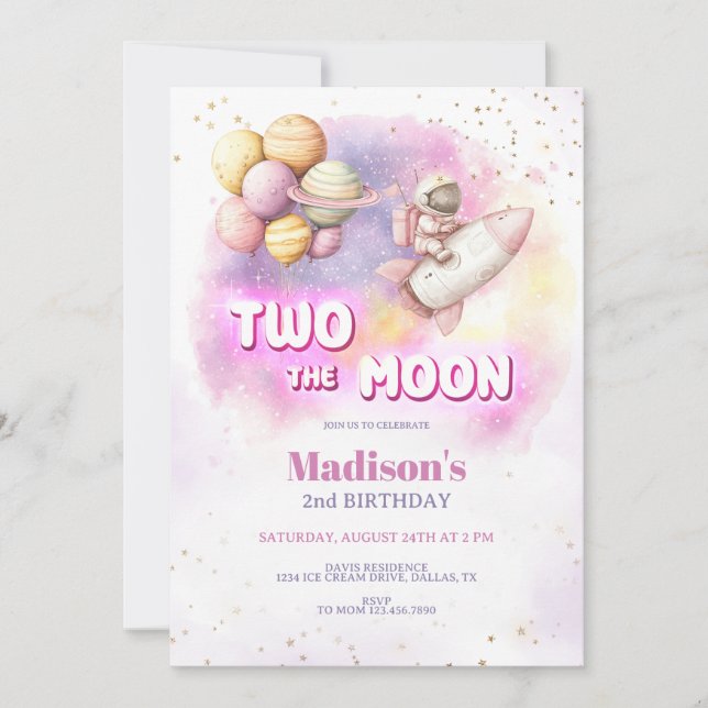 Invitación Dos Chicas del cumpleaños de la luna, el espacio e (Anverso)