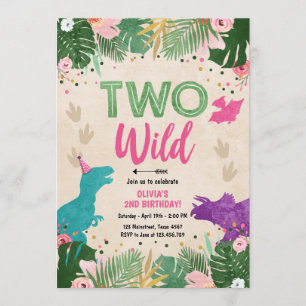 Invitación Dos Chicas Fiestas de Dino Wild Dinosaur Cumpleaño