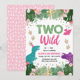 Invitación Dos Chicas Fiestas Dinos Salvajes, Dinosaurios Ros