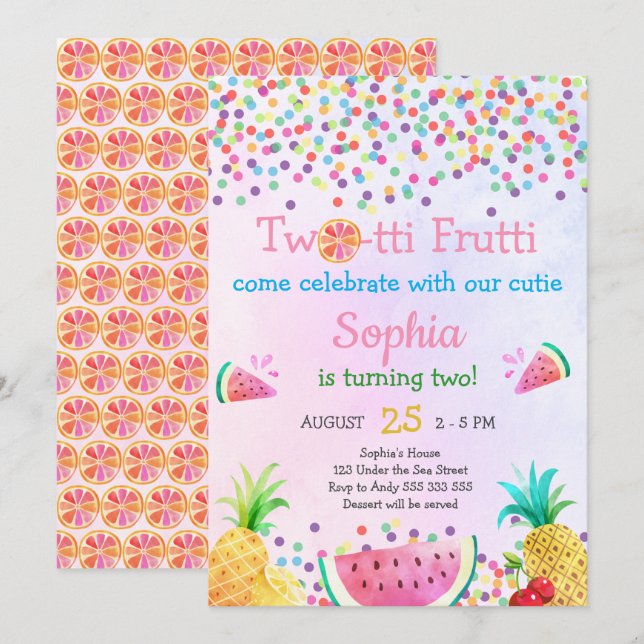 Invitación Dos Chicas Frutti 2º cumpleaños Tropical Cute (Anverso / Reverso)