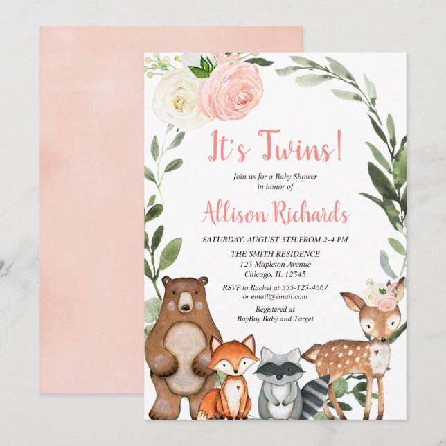 Invitación Dos chicas gemelos animales de bosque vegetación p (Anverso / Reverso)