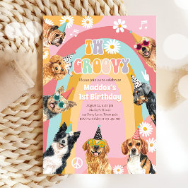 Invitación Dos Chicas Groovy Dog Retro Pawty Cumpleaños