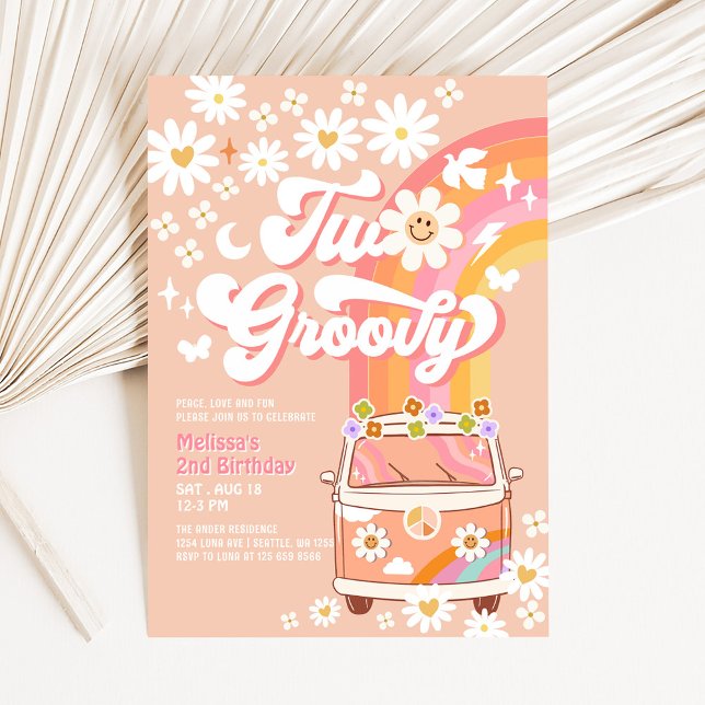 Invitación Dos Chicas Groovy Peach Van Daisy 2º cumpleaños (Subido por el creador)