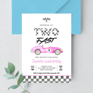 Invitación Dos Chicas Rápidas Coche de Carreras Rosa Cumpleañ