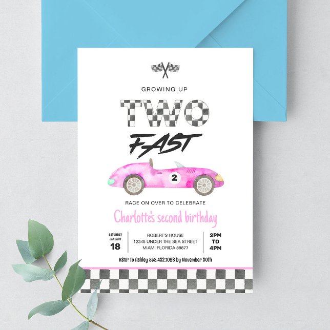 Invitación Dos Chicas Rápidas Coche de Carreras Rosa Cumpleañ (Subido por el creador)