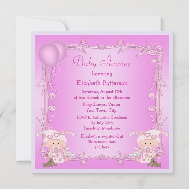 Invitación Dos Chicas y globos rosados Baby Shower (Anverso)