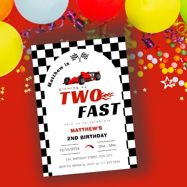 Invitación Dos Chico Rápido Coche de Carreras Roja de Cumplea (Two Fast 2nd Birthday Red Racing Car Invitation)