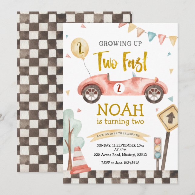 Invitación Dos Chico Rápido Segundo Cumpleaños Carreras Retro (Anverso / Reverso)