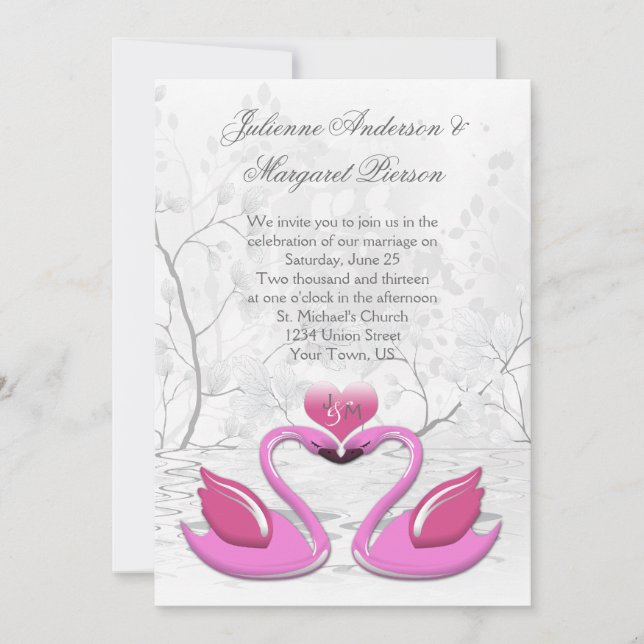 Invitación Dos cisnes que se besan rosados que casan la (Anverso)