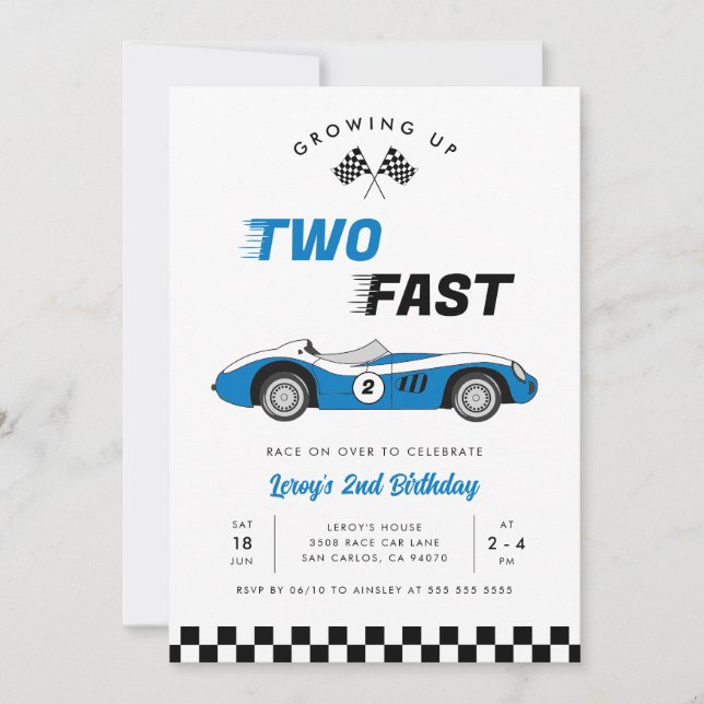 Invitación Dos coches de carreras antiguos azules rápidos cum (Anverso)