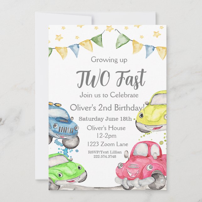 Invitación Dos coches de carreras de cumpleaños rápidos (Anverso)