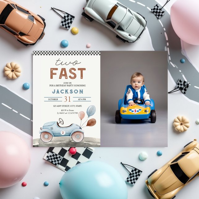 Invitación Dos coches de Carreras rápida azul niño de 2º cump (Two Fast 2 Curious 2nd Birthday Invitation with Photo, Racing Car Boy)