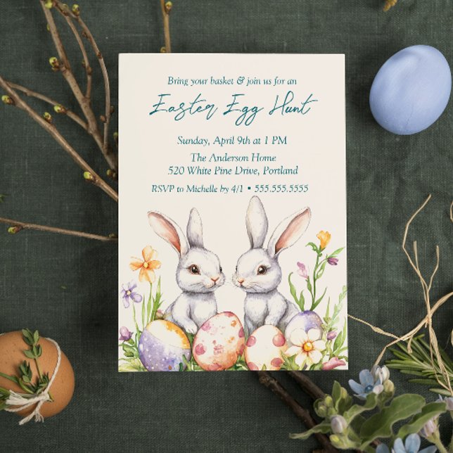 Invitación Dos conejillos y flores: caza de huevos de pascua (Subido por el creador)