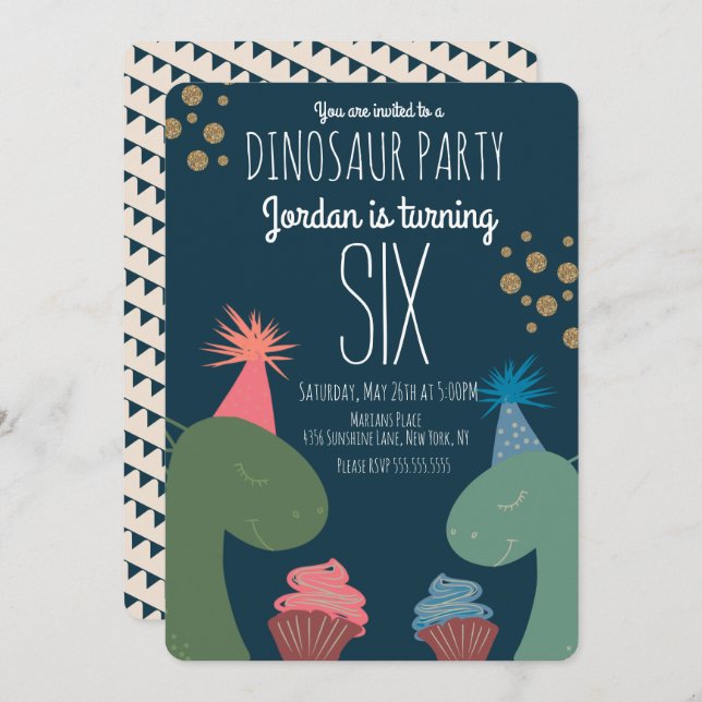 Invitación Dos copos de cumpleaños de dinosaurio Glittler Con (Anverso / Reverso)