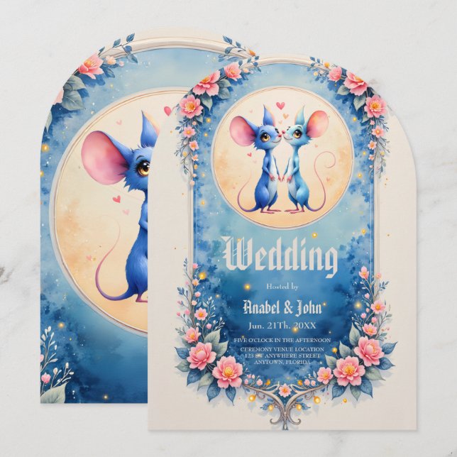 Invitación Dos corazones, un amor – Ratones de boda.  (Anverso / Reverso)