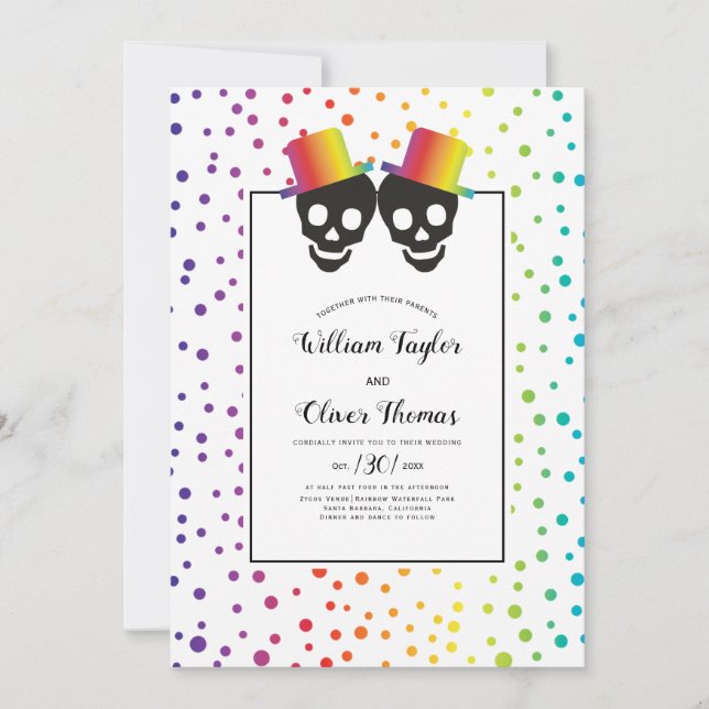 Invitación Dos cráneos de novios y boda gay confetti (Anverso)