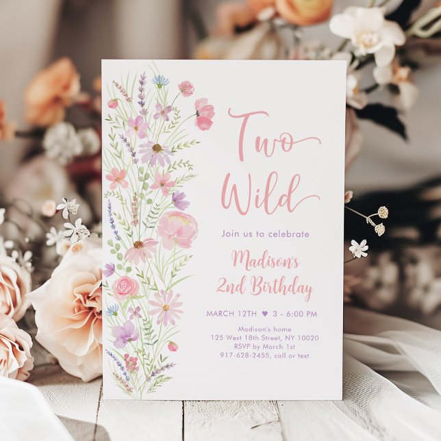 Invitación Dos cumpleaños de flor silvestre rosada (Subido por el creador)