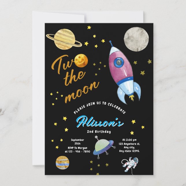 Invitación Dos cumpleaños del espacio lunar| Cohetes y planet (Anverso)
