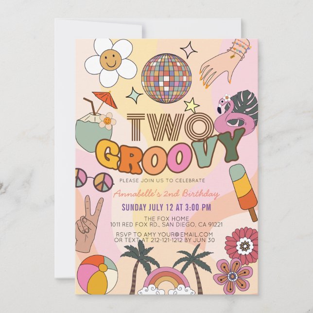 Invitación Dos cumpleaños Groovy Retro (Anverso)