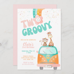 Invitación Dos cumpleaños Groovy Retro Floral Arcoiris margar