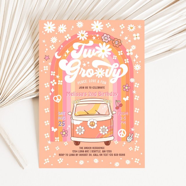 Invitación DOS Cumpleaños Groovy Van Daisy Hippie 70s 2 (Subido por el creador)
